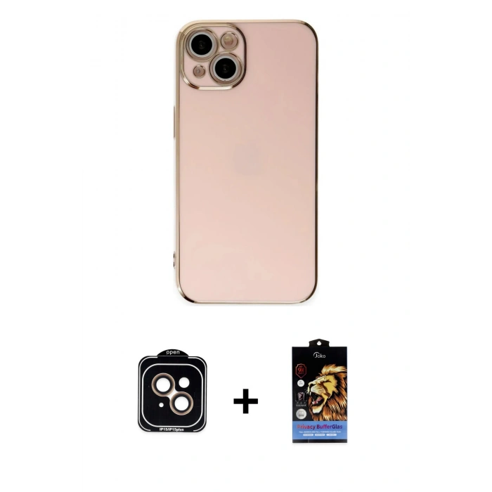 MARSİLYAN™- iPhone 15 Kılıf Yankı Serisi - Siyah Buffer Hayalet Cam Ekran Koruyucu + PVD Metal Kamera Lens - TU