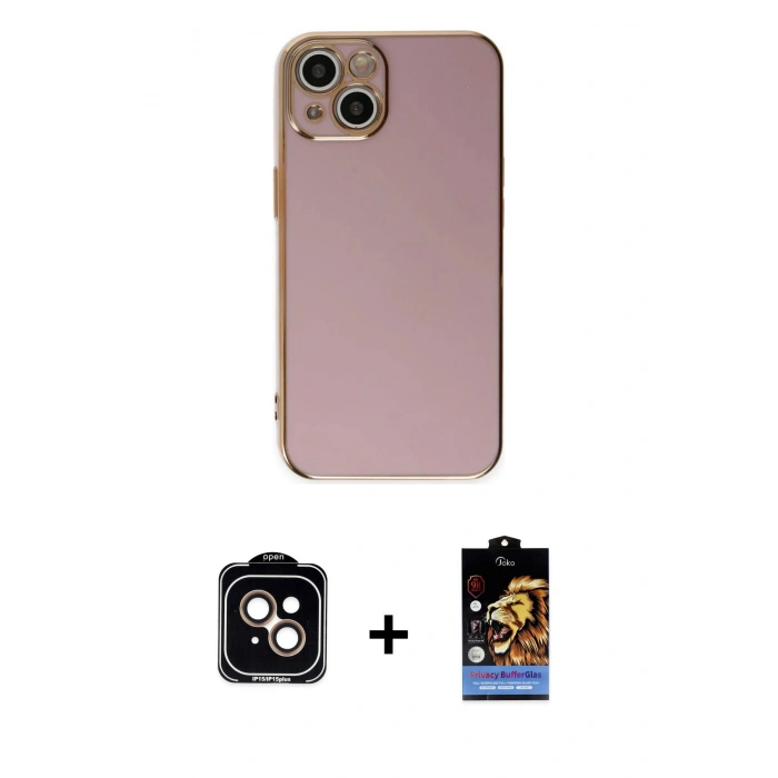 MARSİLYAN™- iPhone 15 Kılıf Yankı Serisi - Siyah Buffer Hayalet Cam Ekran Koruyucu + PVD Metal Kamera Lens - TU