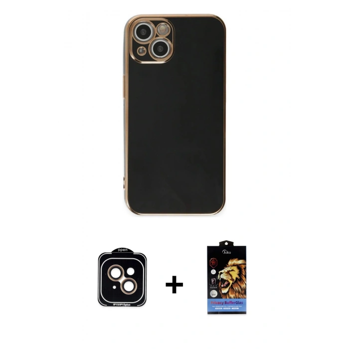 MARSİLYAN™- iPhone 15 Kılıf Yankı Serisi - Siyah Buffer Hayalet Cam Ekran Koruyucu + PVD Metal Kamera Lens - TU