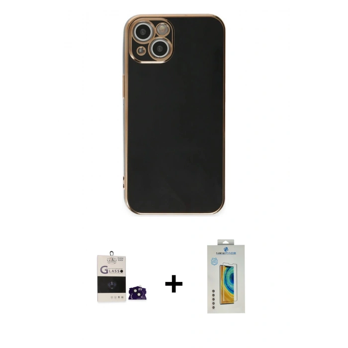 MARSİLYAN™- iPhone 15 Kılıf Yankı Serisi - Siyah Polymer Nano Ekran Koruyucu + Bilvis Titan Kamera Lens - SH