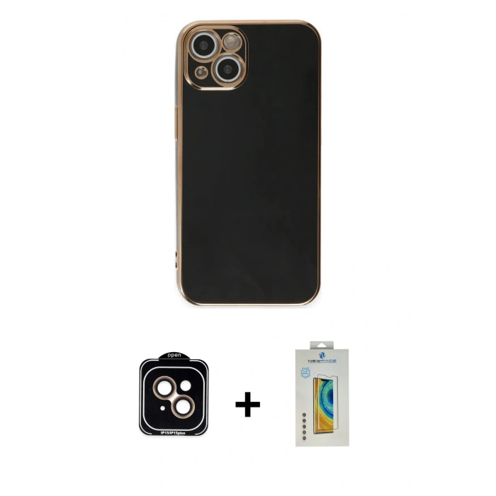 MARSİLYAN™- iPhone 15 Kılıf Yankı Serisi - Siyah Polymer Nano Ekran Koruyucu + PVD Metal Kamera Lens - TU
