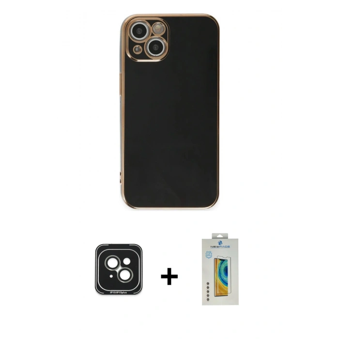 MARSİLYAN™- iPhone 15 Kılıf Yankı Serisi - Siyah Polymer Nano Ekran Koruyucu + PVD Metal Kamera Lens - YL