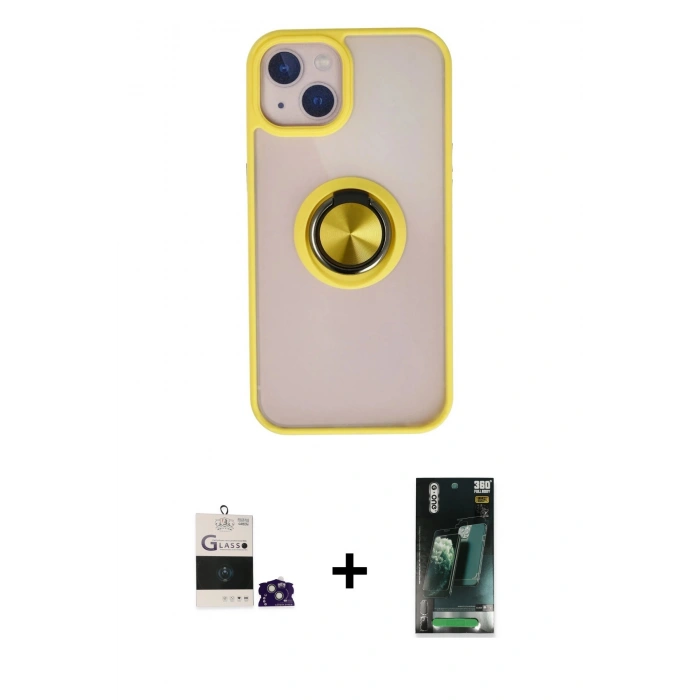 MARSİLYAN™- iPhone 15 Kılıf Yörünge Çizgi - Siyah 360 Mat Full Body Arka Koruyucu + Bilvis Titan Kamera Lens - YL