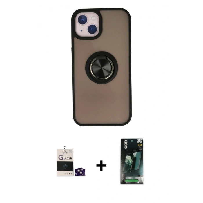 MARSİLYAN™- iPhone 15 Kılıf Yörünge Çizgi - Siyah 360 Mat Full Body Arka Koruyucu + Bilvis Titan Kamera Lens - YL