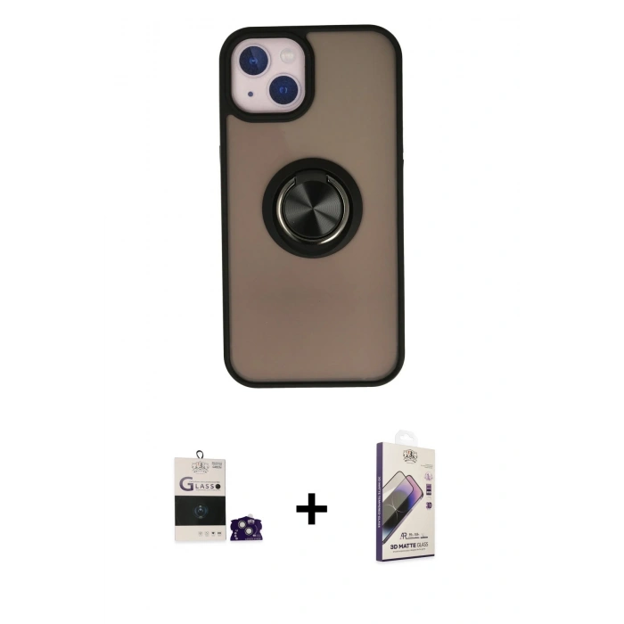 MARSİLYAN™- iPhone 15 Kılıf Yörünge Çizgi - Siyah Bilvis 3D Mat Cam Ekran Koruyucu + Bilvis Titan Kamera Lens - YL