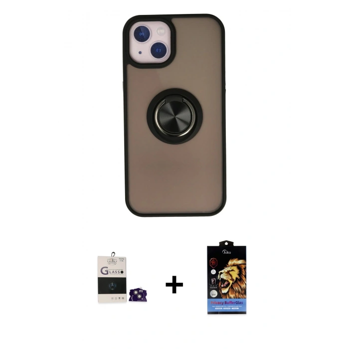 MARSİLYAN™- iPhone 15 Kılıf Yörünge Çizgi - Siyah Buffer Hayalet Cam Ekran Koruyucu + Bilvis Titan Kamera Lens - PE