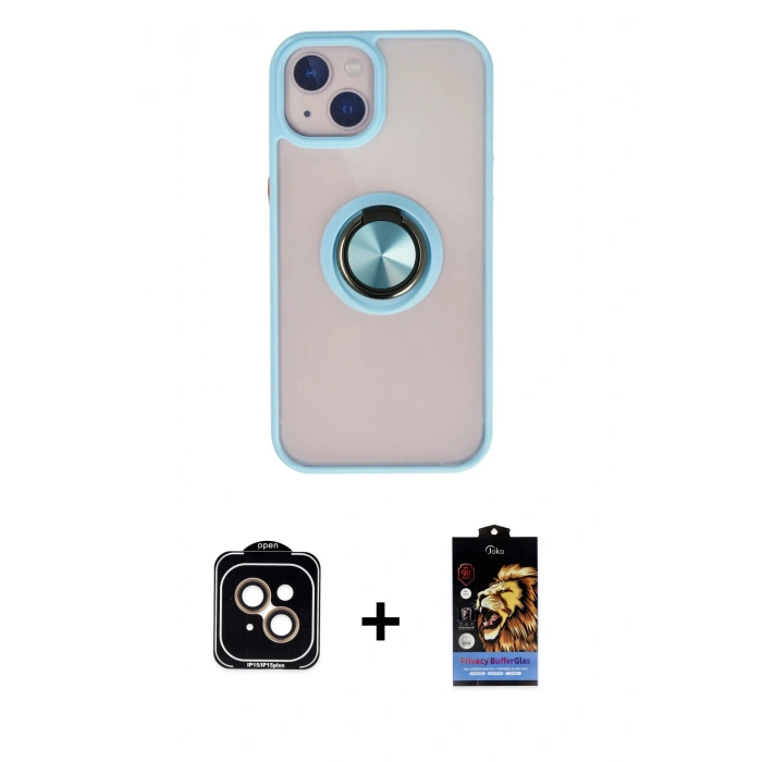 MARSİLYAN™- iPhone 15 Kılıf Yörünge Çizgi - Siyah Buffer Hayalet Cam Ekran Koruyucu + PVD Metal Kamera Lens - TU