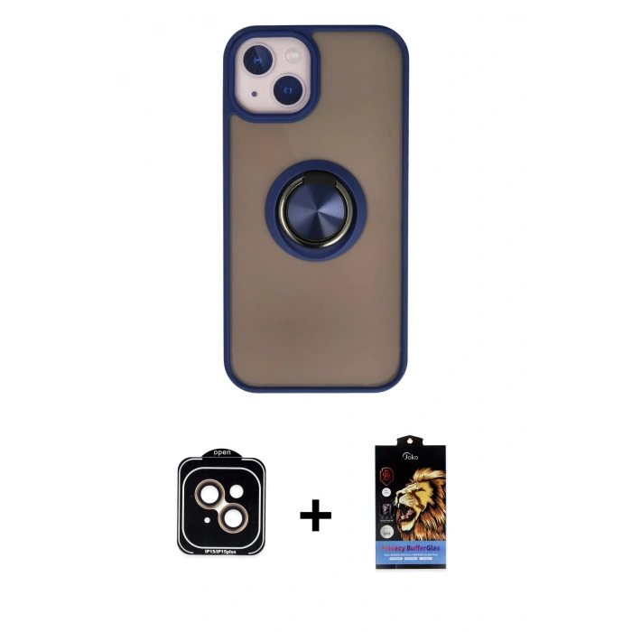 MARSİLYAN™- iPhone 15 Kılıf Yörünge Çizgi - Siyah Buffer Hayalet Cam Ekran Koruyucu + PVD Metal Kamera Lens - TU
