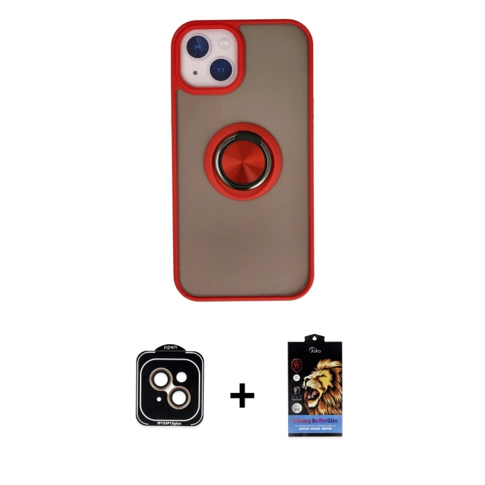 MARSİLYAN™- iPhone 15 Kılıf Yörünge Çizgi - Siyah Buffer Hayalet Cam Ekran Koruyucu + PVD Metal Kamera Lens - TU