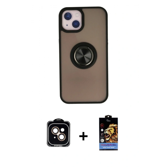 MARSİLYAN™- iPhone 15 Kılıf Yörünge Çizgi - Siyah Buffer Hayalet Cam Ekran Koruyucu + PVD Metal Kamera Lens - TU