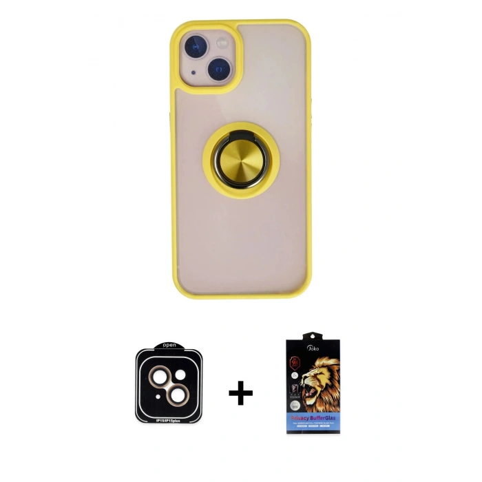 MARSİLYAN™- iPhone 15 Kılıf Yörünge Çizgi - Siyah Buffer Hayalet Cam Ekran Koruyucu + PVD Metal Kamera Lens - TU