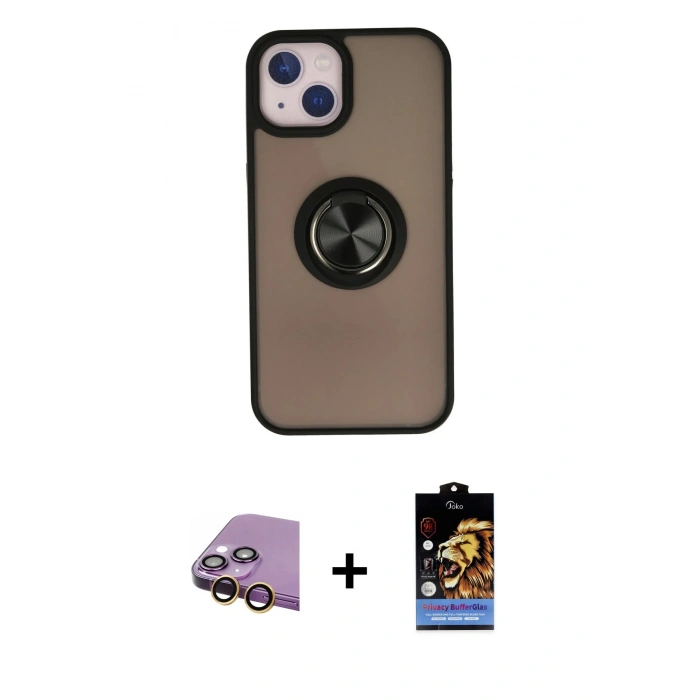 MARSİLYAN™- iPhone 15 Kılıf Yörünge Çizgi - Siyah Buffer Hayalet Cam Ekran Koruyucu + Raze Metal Kamera Lens - SI