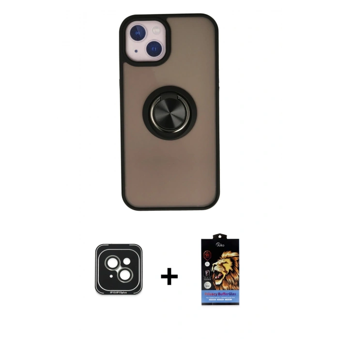 MARSİLYAN™- iPhone 15 Kılıf Yörünge Çizgi - Siyah Buffer Hayalet Cam Ekran Koruyucu + PVD Metal Kamera Lens - YL