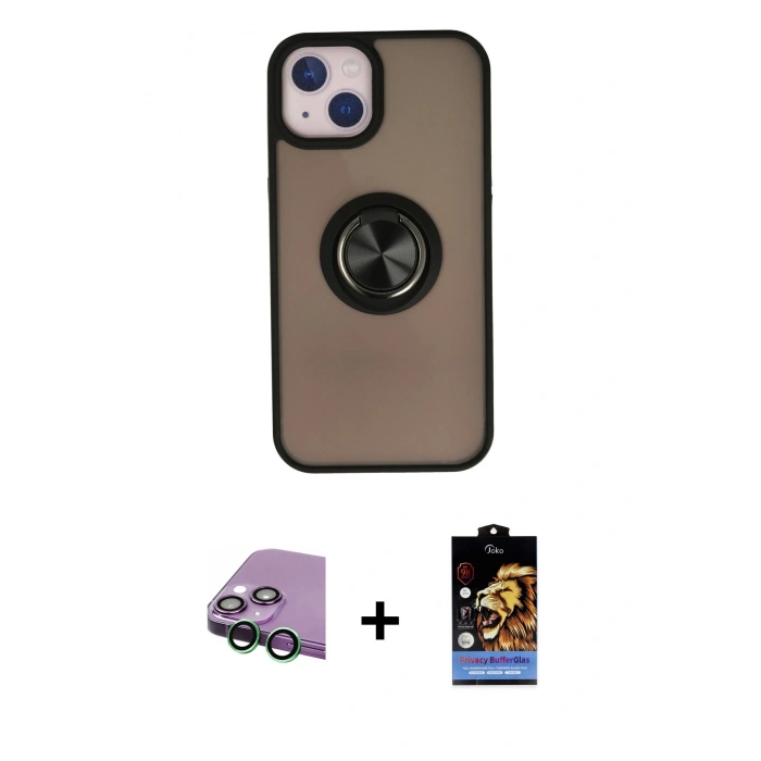MARSİLYAN™- iPhone 15 Kılıf Yörünge Çizgi - Siyah Buffer Hayalet Cam Ekran Koruyucu + Raze Metal Kamera Lens - YL