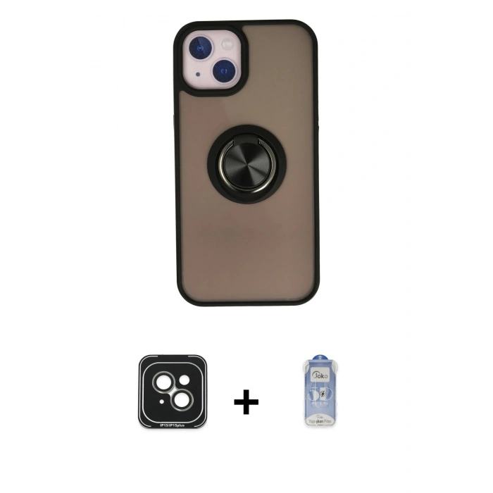 MARSİLYAN™- iPhone 15 Kılıf Yörünge Çizgi - Siyah Joko Magic 5D Cam + PVD Metal Kamera Lens - YL