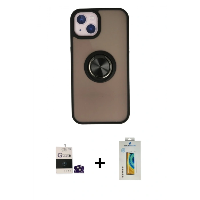 MARSİLYAN™- iPhone 15 Kılıf Yörünge Çizgi - Siyah Polymer Nano Ekran Koruyucu + Bilvis Titan Kamera Lens - PE