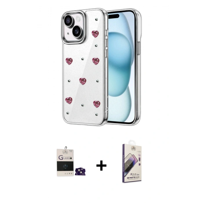 MARSİLYAN™- iPhone 15 Kılıf Yörünge Form - Siyah Bilvis 3D Mat Cam Ekran Koruyucu + Bilvis Titan Kamera Lens - PE