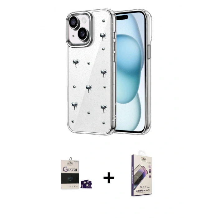 MARSİLYAN™- iPhone 15 Kılıf Yörünge Form - Siyah Bilvis 3D Mat Cam Ekran Koruyucu + Bilvis Titan Kamera Lens - PE