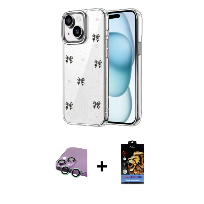 MARSİLYAN™- iPhone 15 Kılıf Yörünge Form - Siyah Buffer Hayalet Cam Ekran Koruyucu + Raze Metal Kamera Lens - YL