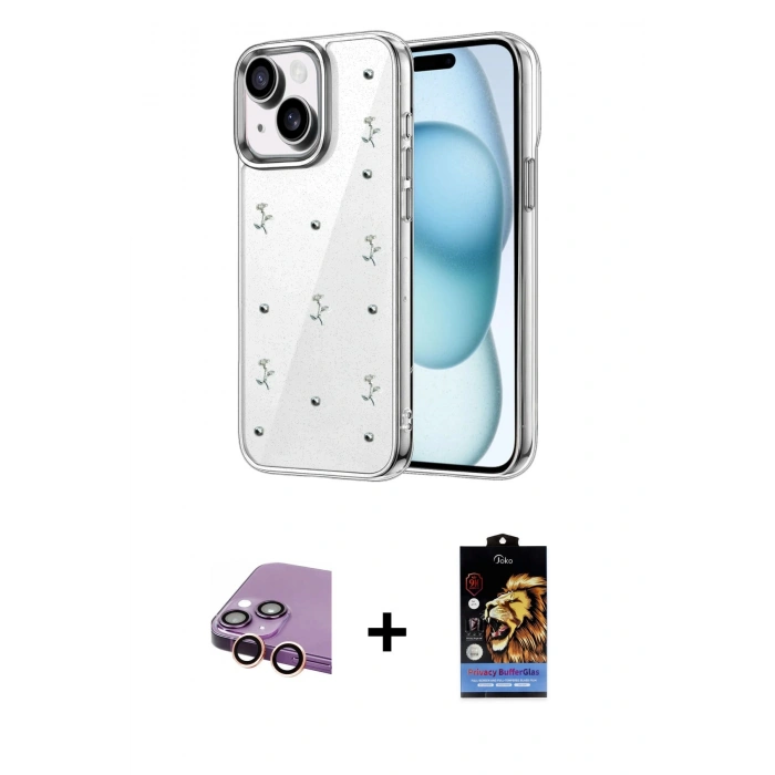 MARSİLYAN™- iPhone 15 Kılıf Yörünge Form - Siyah Buffer Hayalet Cam Ekran Koruyucu + Raze Metal Kamera Lens - PE