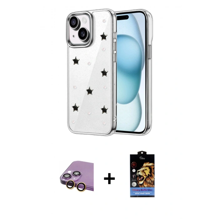 MARSİLYAN™- iPhone 15 Kılıf Yörünge Form - Siyah Buffer Hayalet Cam Ekran Koruyucu + Raze Metal Kamera Lens - SI