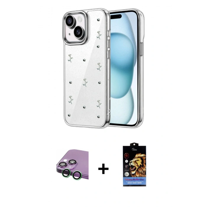 MARSİLYAN™- iPhone 15 Kılıf Yörünge Form - Siyah Buffer Hayalet Cam Ekran Koruyucu + Raze Metal Kamera Lens - YL