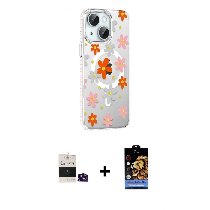 MARSİLYAN™- iPhone 15 Kılıf Yörünge Işık Prime - Siyah Buffer Hayalet Cam Ekran Koruyucu + Bilvis Titan Kamera Lens - PE