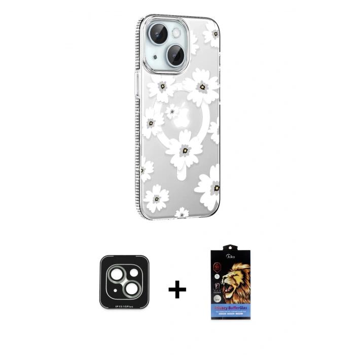 MARSİLYAN™- iPhone 15 Kılıf Yörünge Işık Prime - Siyah Buffer Hayalet Cam Ekran Koruyucu + PVD Metal Kamera Lens - YL
