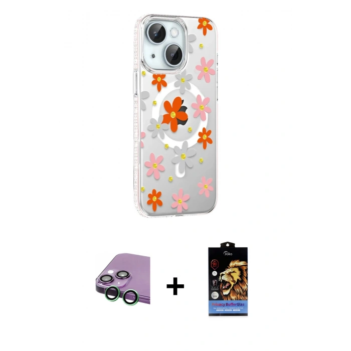 MARSİLYAN™- iPhone 15 Kılıf Yörünge Işık Prime - Siyah Buffer Hayalet Cam Ekran Koruyucu + Raze Metal Kamera Lens - YL