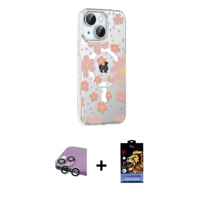 MARSİLYAN™- iPhone 15 Kılıf Yörünge Işık Prime - Siyah Buffer Hayalet Cam Ekran Koruyucu + Raze Metal Kamera Lens - YL