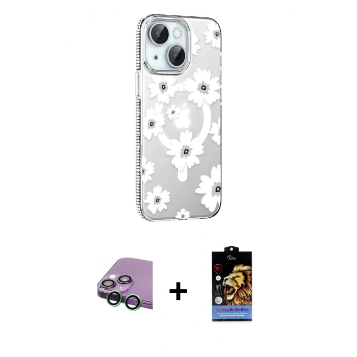 MARSİLYAN™- iPhone 15 Kılıf Yörünge Işık Prime - Siyah Buffer Hayalet Cam Ekran Koruyucu + Raze Metal Kamera Lens - YL