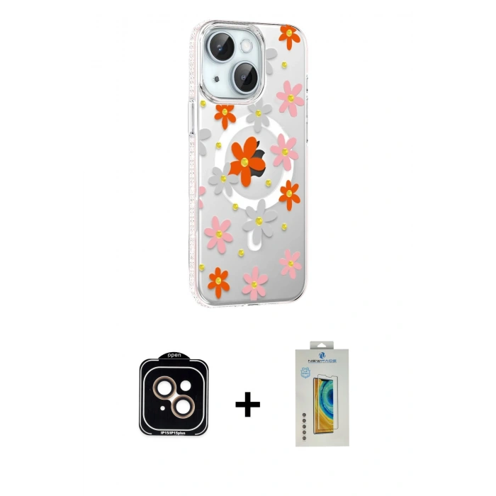 MARSİLYAN™- iPhone 15 Kılıf Yörünge Işık Prime - Siyah Polymer Nano Ekran Koruyucu + PVD Metal Kamera Lens - TU