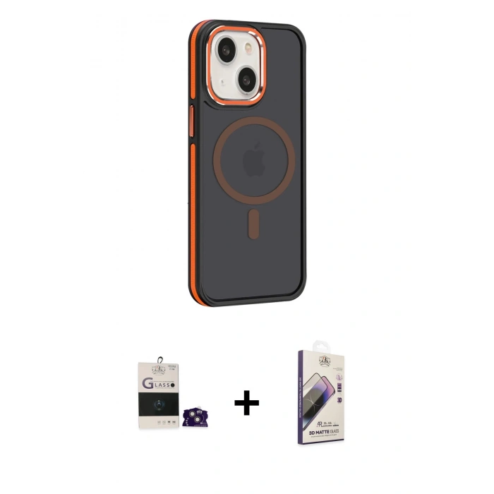MARSİLYAN™- iPhone 15 Kılıf Yörünge Klasik - Siyah Bilvis 3D Mat Cam Ekran Koruyucu + Bilvis Titan Kamera Lens - PE