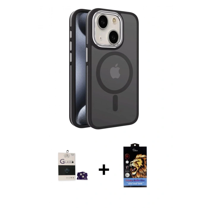 MARSİLYAN™- iPhone 15 Kılıf Yörünge Klasik - Siyah Buffer Hayalet Cam Ekran Koruyucu + Bilvis Titan Kamera Lens - PE