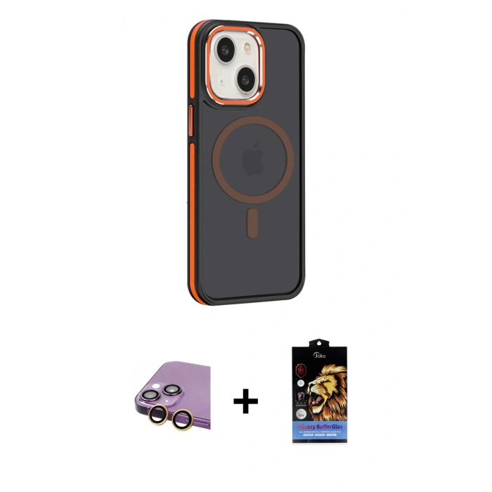 MARSİLYAN™- iPhone 15 Kılıf Yörünge Klasik - Siyah Buffer Hayalet Cam Ekran Koruyucu + Raze Metal Kamera Lens - SI