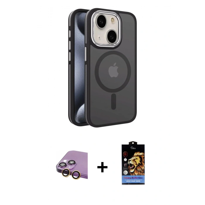 MARSİLYAN™- iPhone 15 Kılıf Yörünge Klasik - Siyah Buffer Hayalet Cam Ekran Koruyucu + Raze Metal Kamera Lens - SI