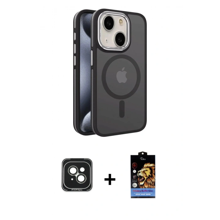 MARSİLYAN™- iPhone 15 Kılıf Yörünge Klasik - Siyah Buffer Hayalet Cam Ekran Koruyucu + PVD Metal Kamera Lens - YL