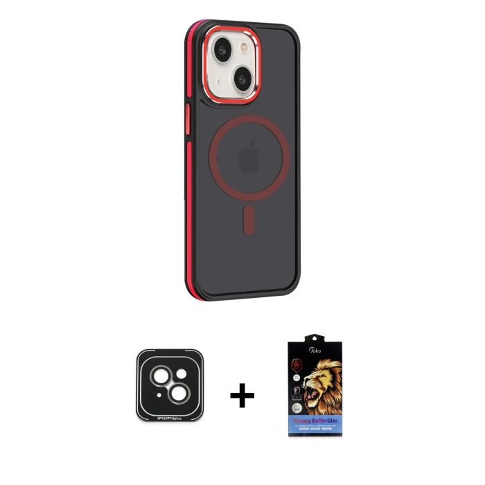 MARSİLYAN™- iPhone 15 Kılıf Yörünge Klasik - Siyah Buffer Hayalet Cam Ekran Koruyucu + PVD Metal Kamera Lens - YL