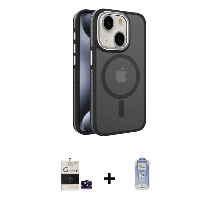 MARSİLYAN™- iPhone 15 Kılıf Yörünge Klasik - Siyah Joko Magic 5D Cam + Bilvis Titan Kamera Lens - SH