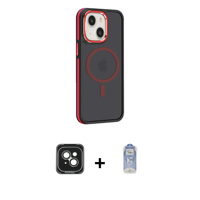 MARSİLYAN™- iPhone 15 Kılıf Yörünge Klasik - Siyah Joko Magic 5D Cam + PVD Metal Kamera Lens - YL
