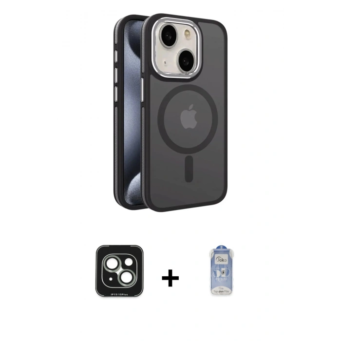 MARSİLYAN™- iPhone 15 Kılıf Yörünge Klasik - Siyah Joko Magic 5D Cam + PVD Metal Kamera Lens - YL