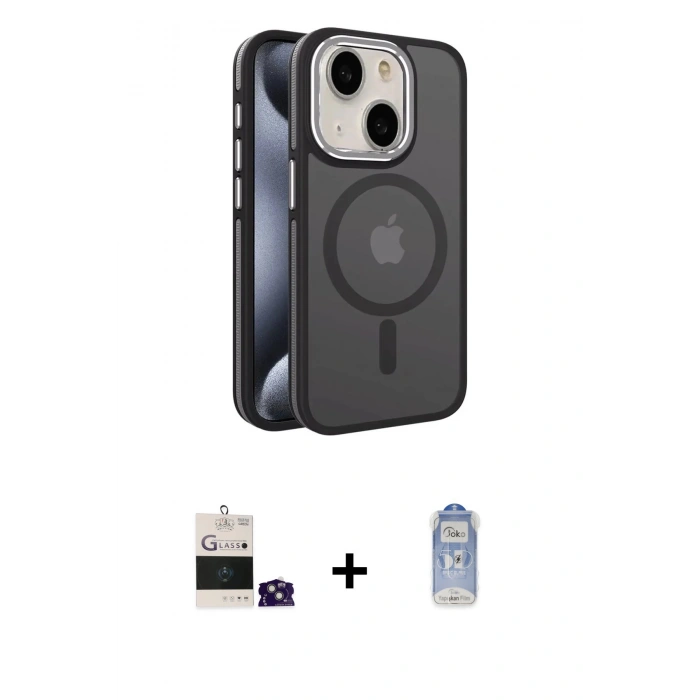 MARSİLYAN™- iPhone 15 Kılıf Yörünge Klasik - Siyah Joko Magic 5D Cam + Bilvis Titan Kamera Lens - YL