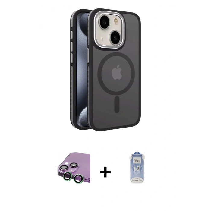 MARSİLYAN™- iPhone 15 Kılıf Yörünge Klasik - Siyah Joko Magic 5D Cam + Raze Metal Kamera Lens - YL