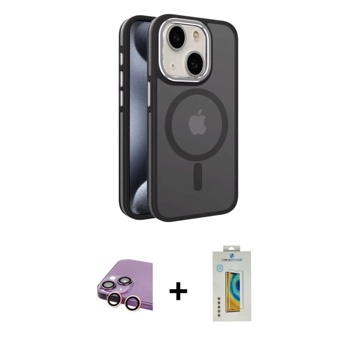 MARSİLYAN™- iPhone 15 Kılıf Yörünge Klasik - Siyah Polymer Nano Ekran Koruyucu + Raze Metal Kamera Lens - PE