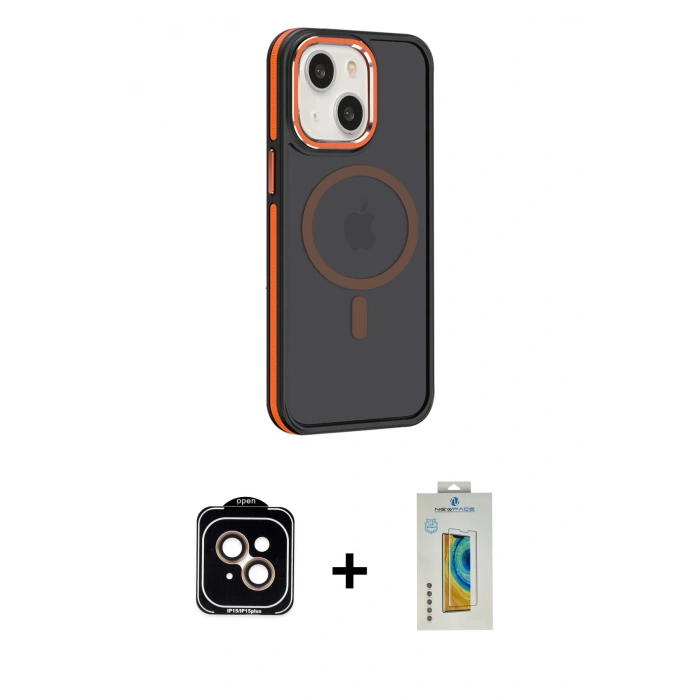 MARSİLYAN™- iPhone 15 Kılıf Yörünge Klasik - Siyah Polymer Nano Ekran Koruyucu + PVD Metal Kamera Lens - TU