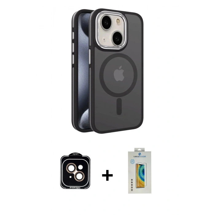 MARSİLYAN™- iPhone 15 Kılıf Yörünge Klasik - Siyah Polymer Nano Ekran Koruyucu + PVD Metal Kamera Lens - TU