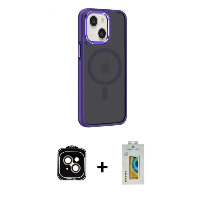 MARSİLYAN™- iPhone 15 Kılıf Yörünge Klasik - Siyah Polymer Nano Ekran Koruyucu + PVD Metal Kamera Lens - TU