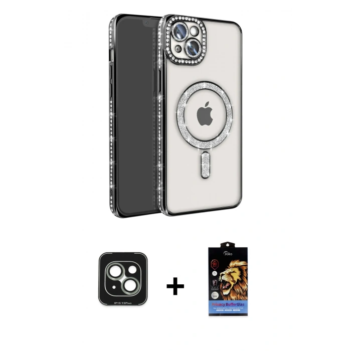 MARSİLYAN™- iPhone 15 Kılıf Zirve Doku Prime - Siyah Buffer Hayalet Cam Ekran Koruyucu + PVD Metal Kamera Lens - YL
