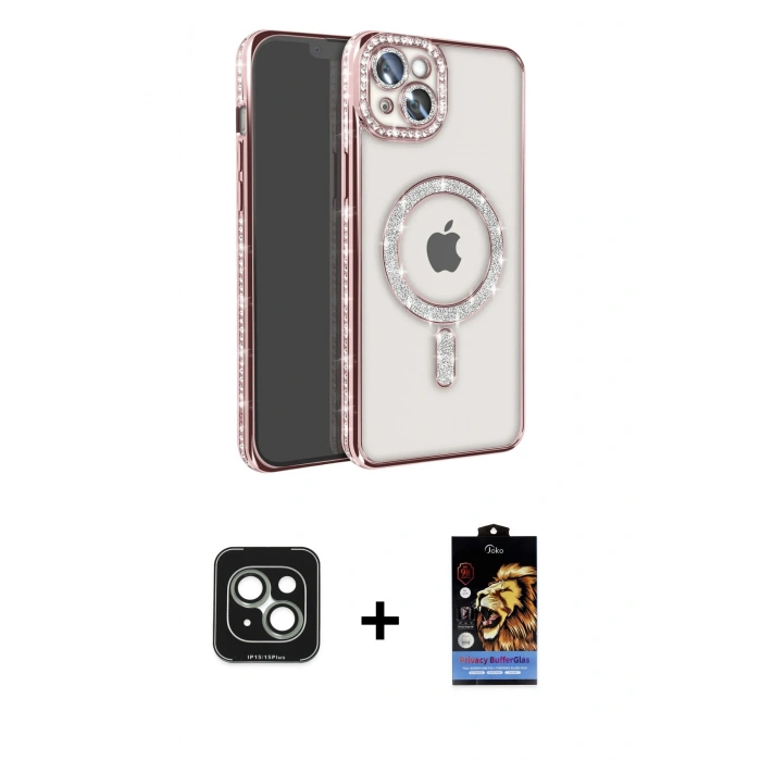 MARSİLYAN™- iPhone 15 Kılıf Zirve Doku Prime - Siyah Buffer Hayalet Cam Ekran Koruyucu + PVD Metal Kamera Lens - YL