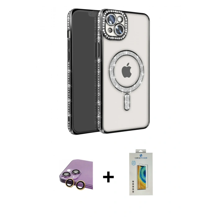 MARSİLYAN™- iPhone 15 Kılıf Zirve Doku Prime - Siyah Polymer Nano Ekran Koruyucu + Raze Metal Kamera Lens - SI